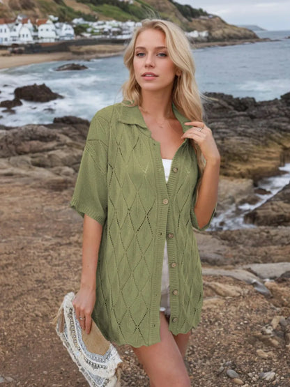 Button Down Eyelet Collared Neck Knit Shirt - Fashorio