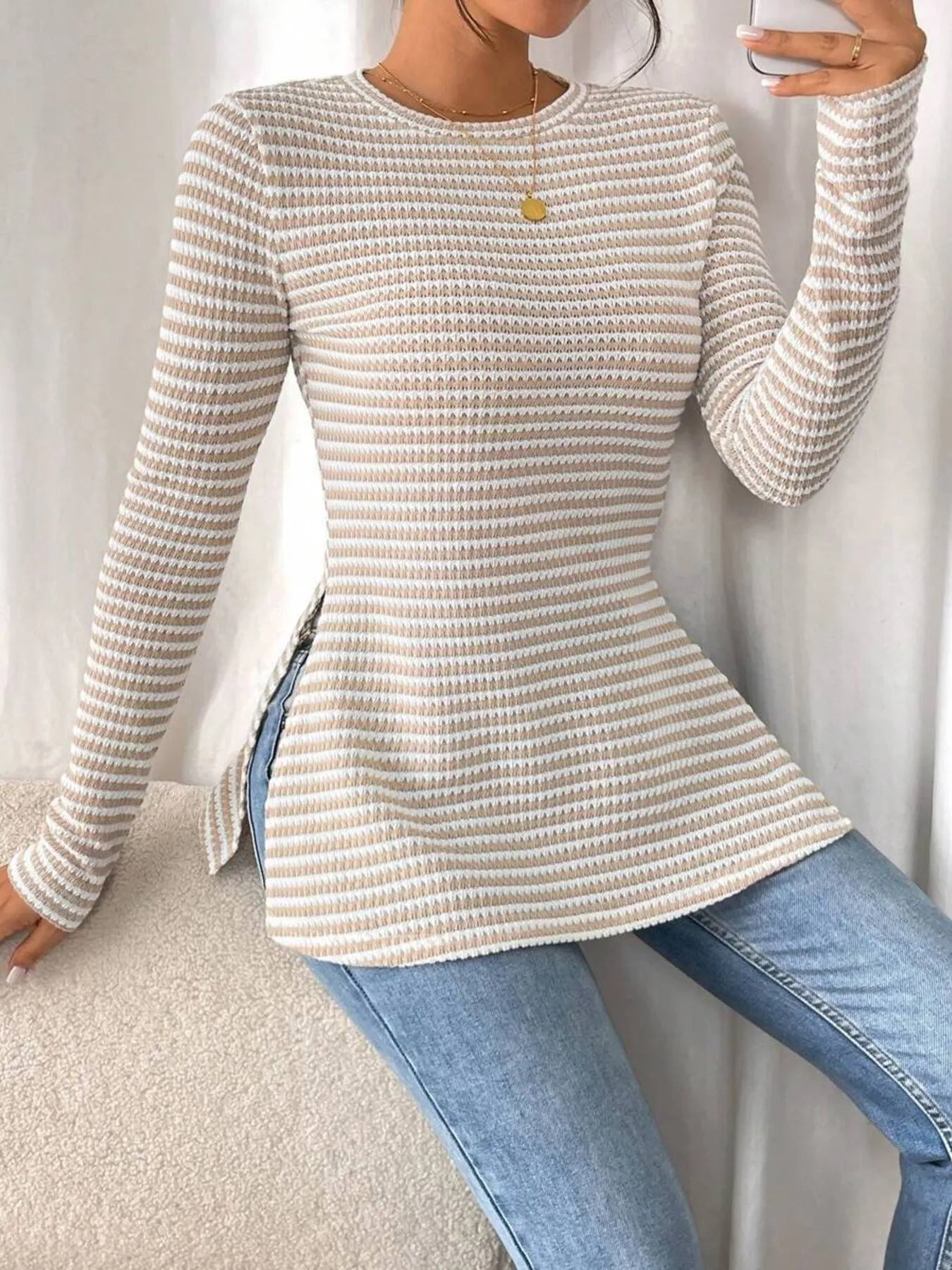 Side Slit Striped Long Sleeve T-Shirt - Fashorio