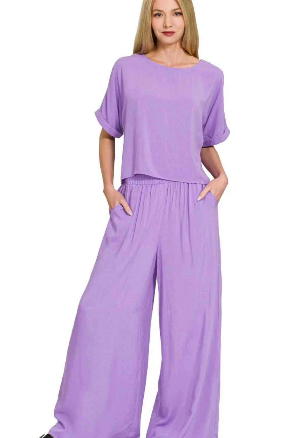 Zenana Round Neck T-Shirt and Wide Leg Pants Set LAVENDER - Fashorio