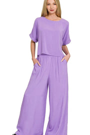 Zenana Round Neck T-Shirt and Wide Leg Pants Set LAVENDER - Fashorio