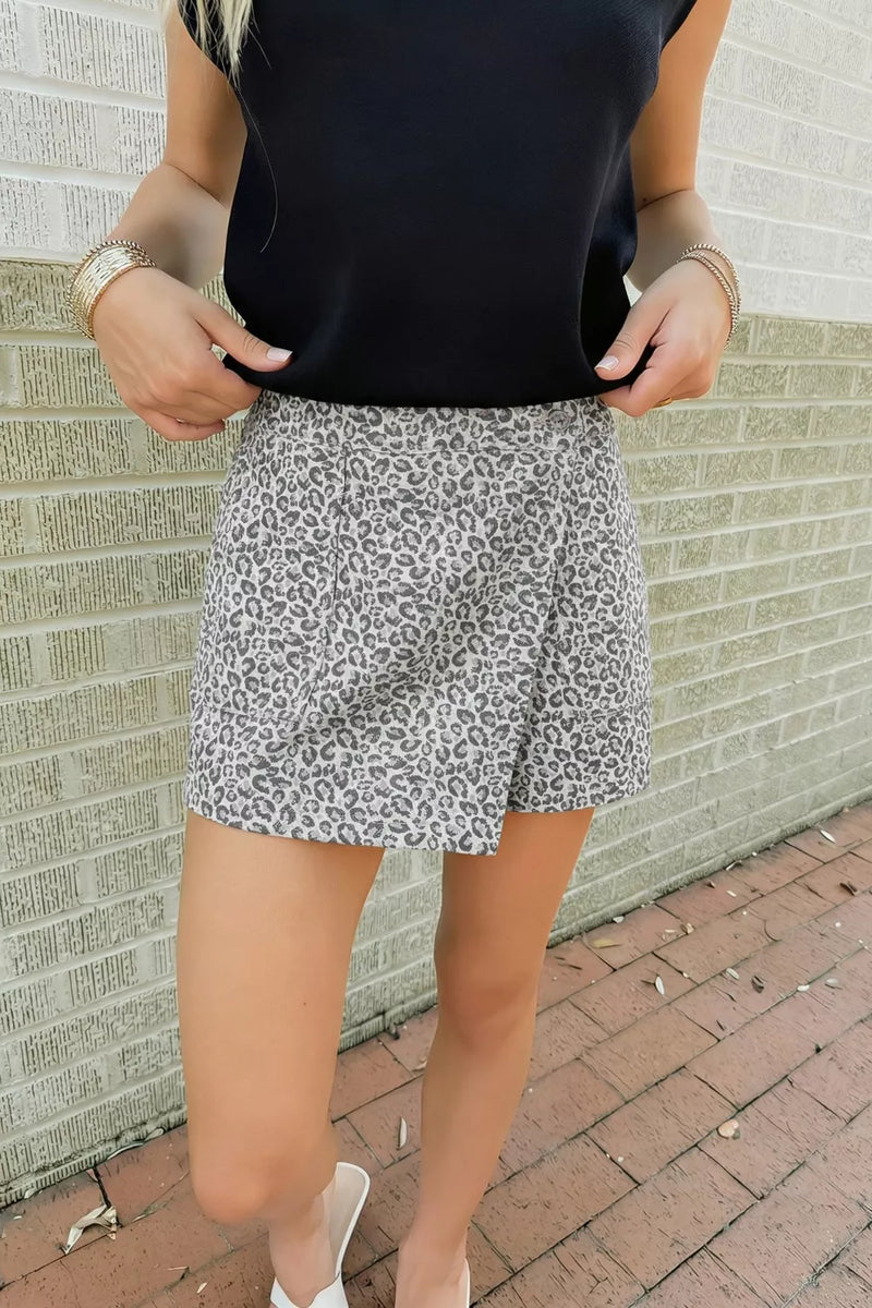 Leopard print denim shorts front view