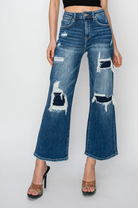 Risen Full Size High Rise Patch Detailed Wide Leg Crop Jeans Medium - Fashorio