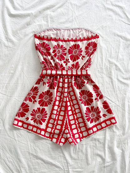 Printed Tube Tie Waist Romper - Fashorio