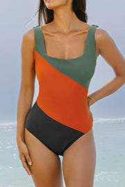 Color Block Padded Square Neck One Piece Swimsuit Multicolor - Fashorio