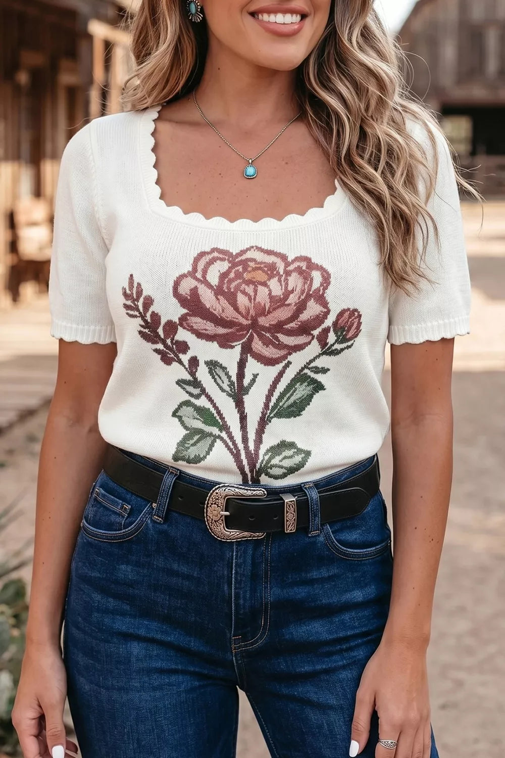Womens scalloped hem knit top full look