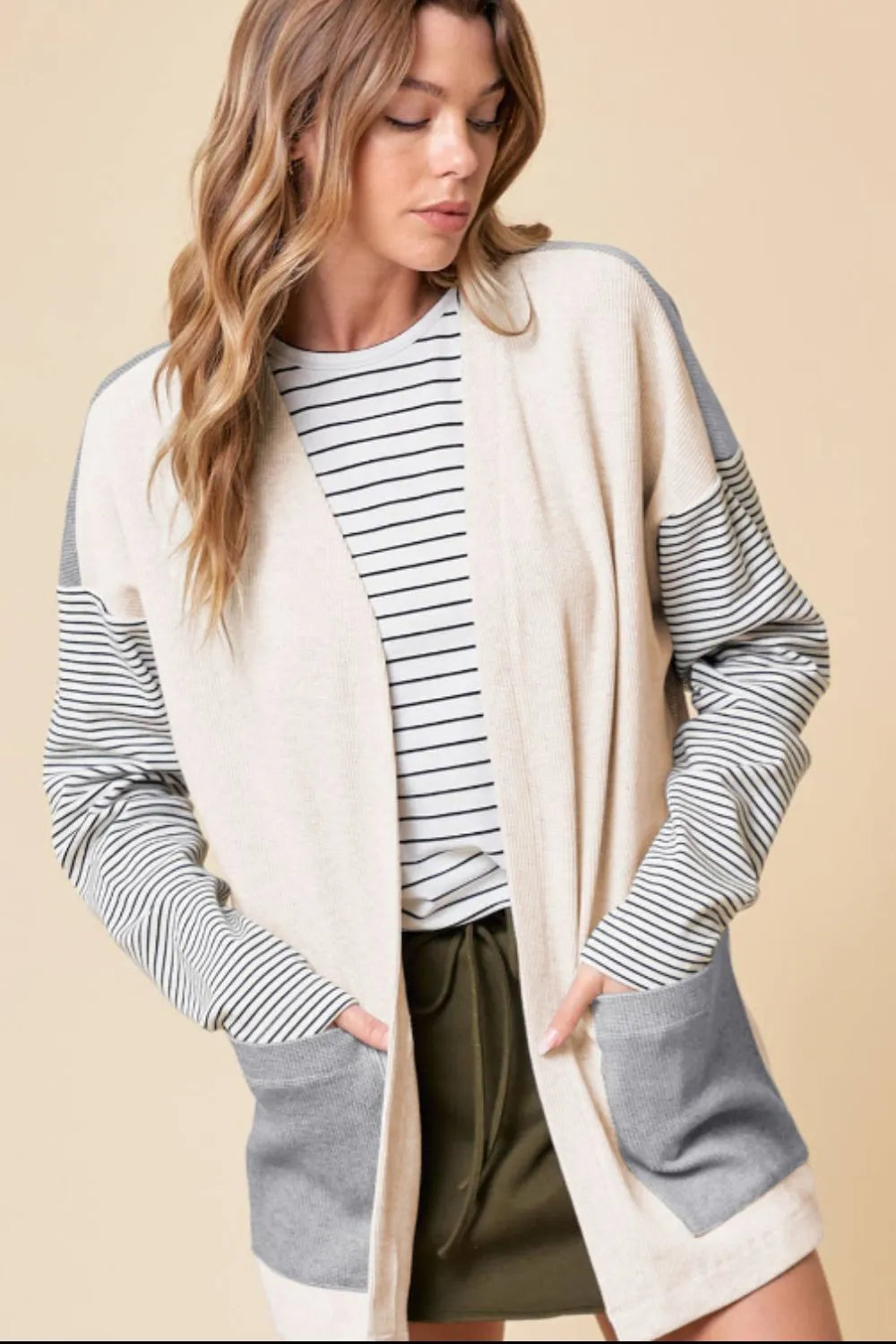 Open Front Long Sleeve Striped Cardigan with Pockets - Fashorio