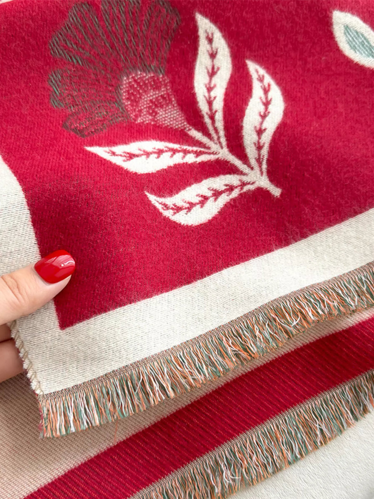 Printed raw hem shawl print pattern detail