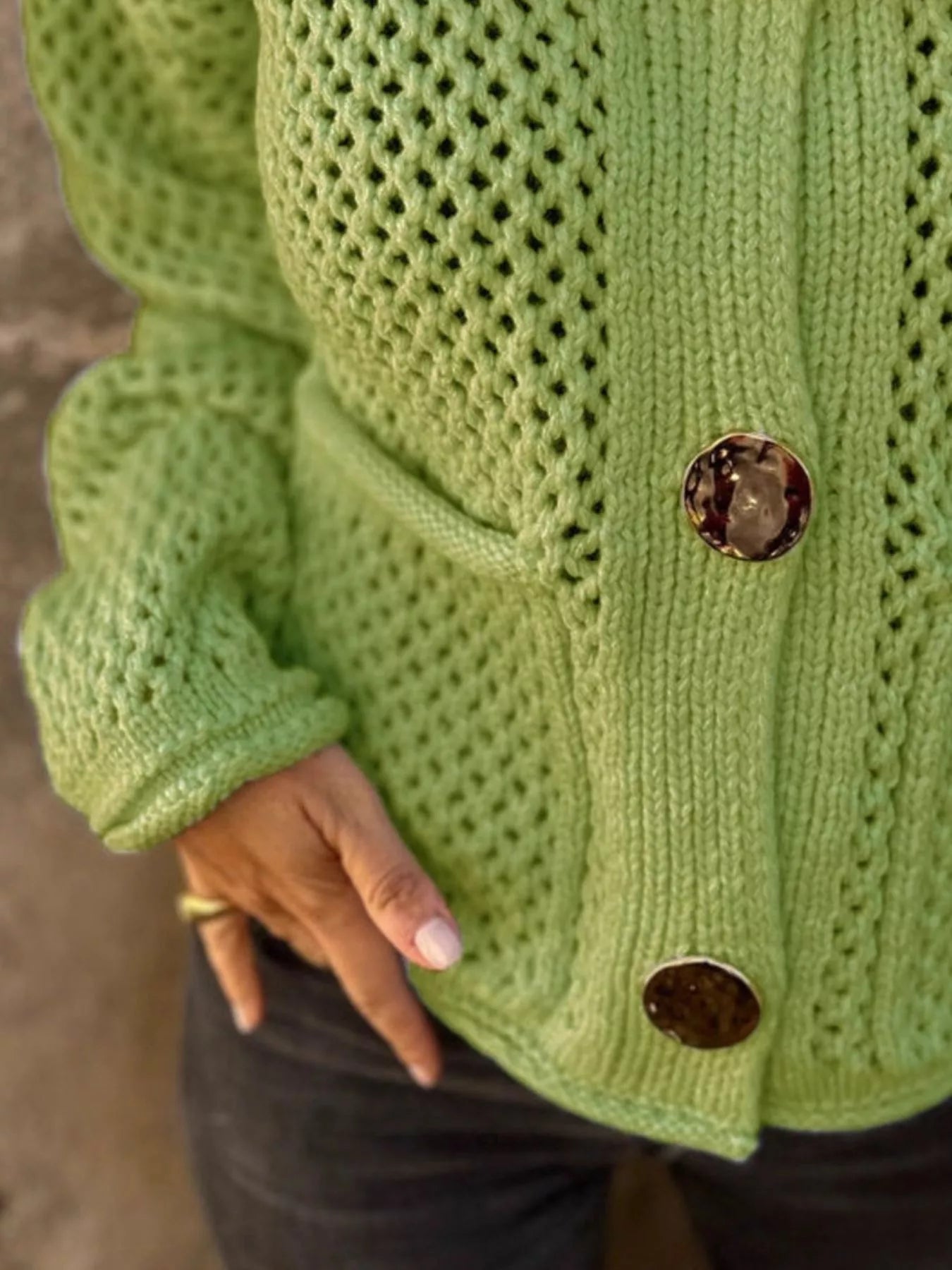 Crochet Button Up Long Sleeve Cardigan - Fashorio