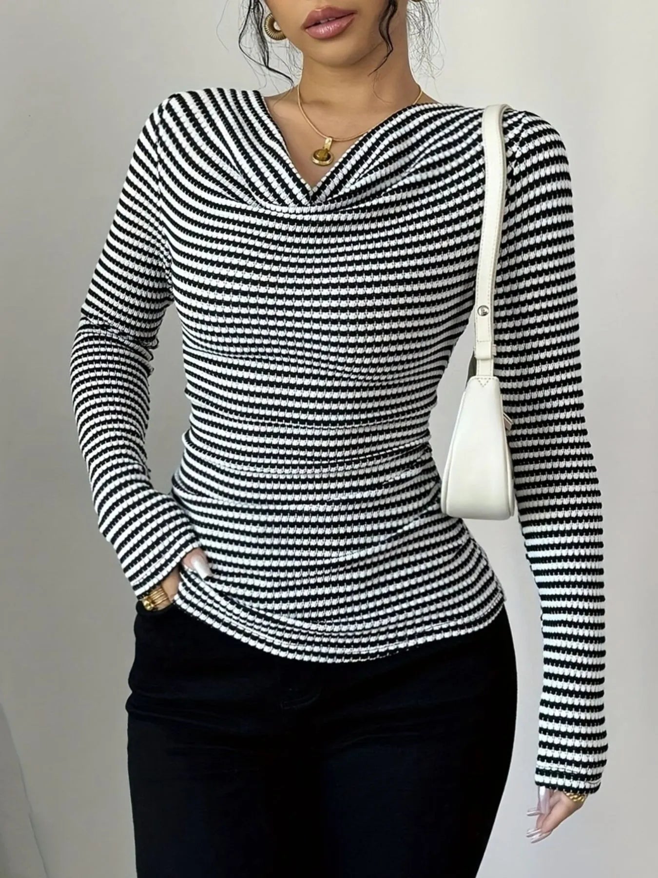 Striped Cowl Neck Long Sleeve T-Shirt - Fashorio