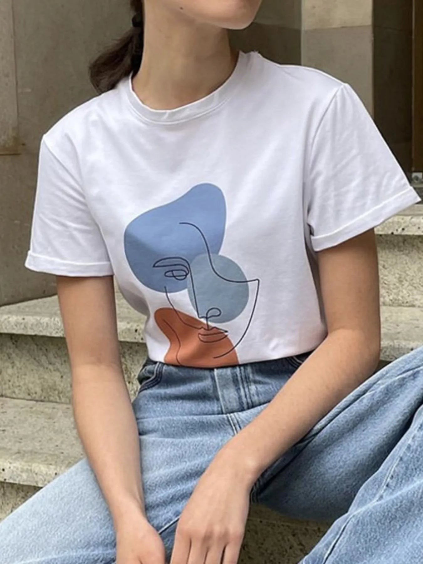 Abstract Face Graphic Casual Round Neck T-Shirt - Fashorio