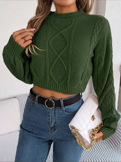 Cable-Knit Round Neck Cropped Sweater - Fashorio