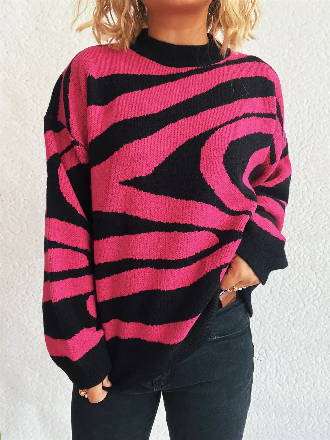 Zebra Print Round Neck Sweater - Fashorio