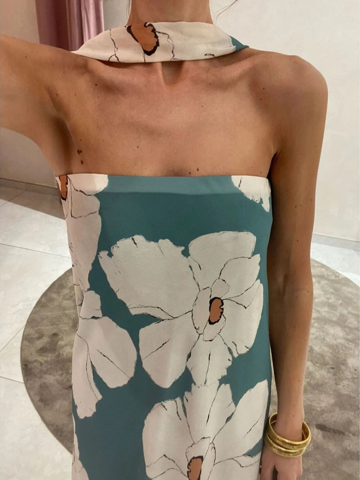 Printed tube maxi dress fabric detail