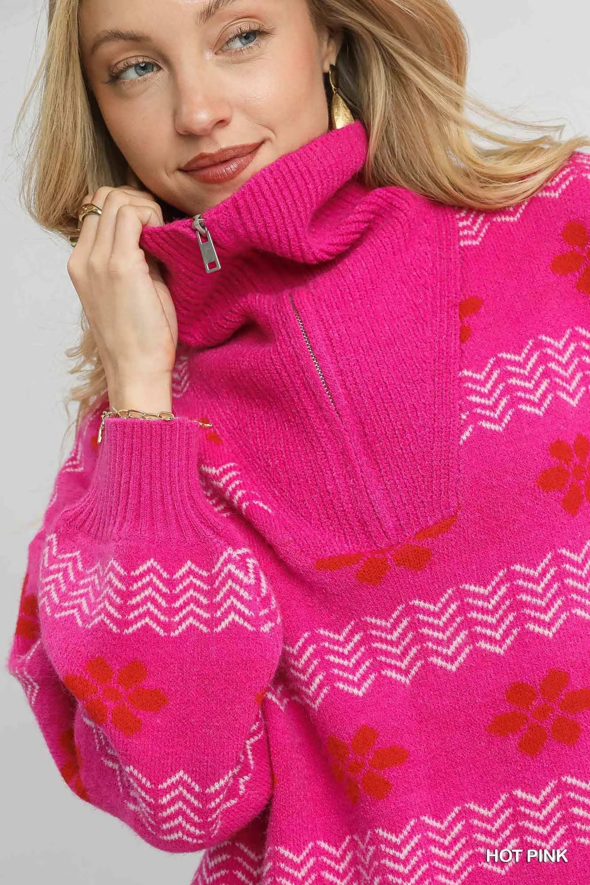 Floral Jacquard Quarter Zip Pullover in Hot Pink on model