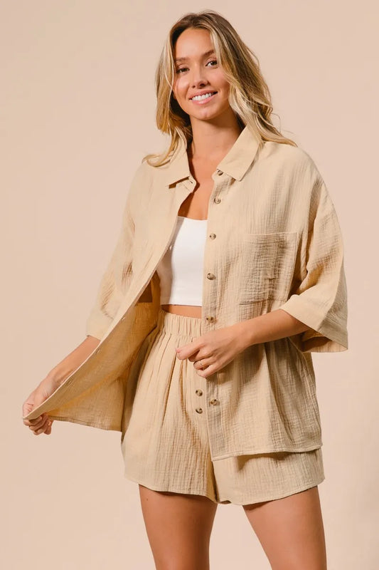 BiBi Crinkle Gauze Shirt and Short Set - Fashorio