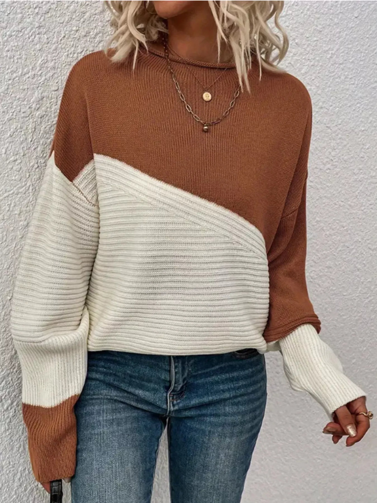 Color Block Ribbed Knit Sweater front view