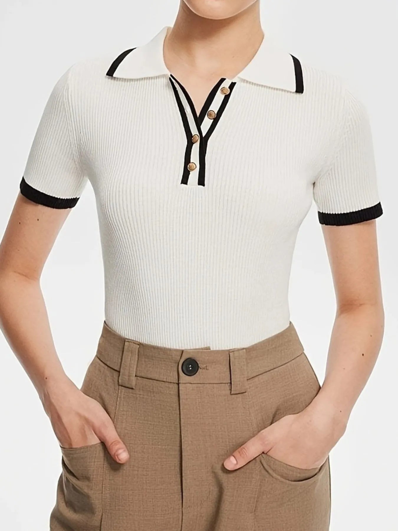 Contrast Trim Button Detail Polo White - Fashorio