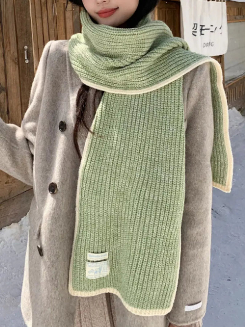 Contrast trim knitted winter scarf in gum leaf green