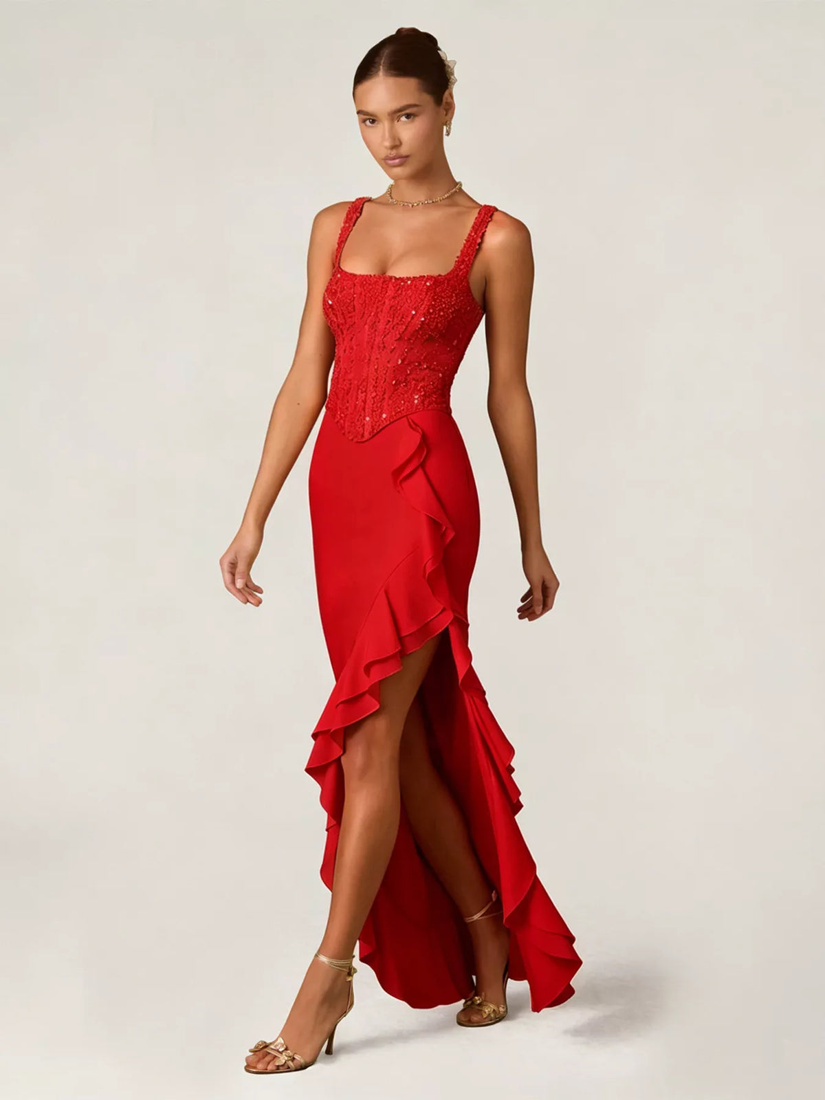 Sequin ruffle hem maxi dress, close up detail