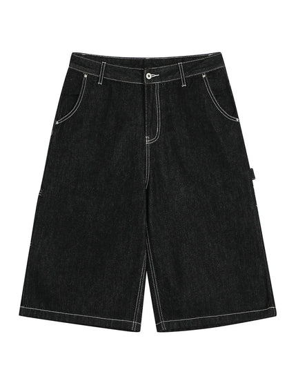 Men's Denim Shorts with Contrast Stitching Black - Fashorio
