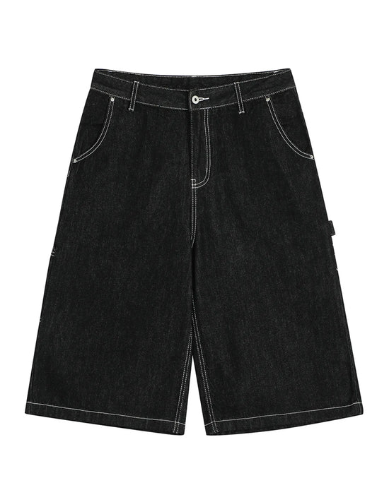 Men's Denim Shorts with Contrast Stitching Black - Fashorio