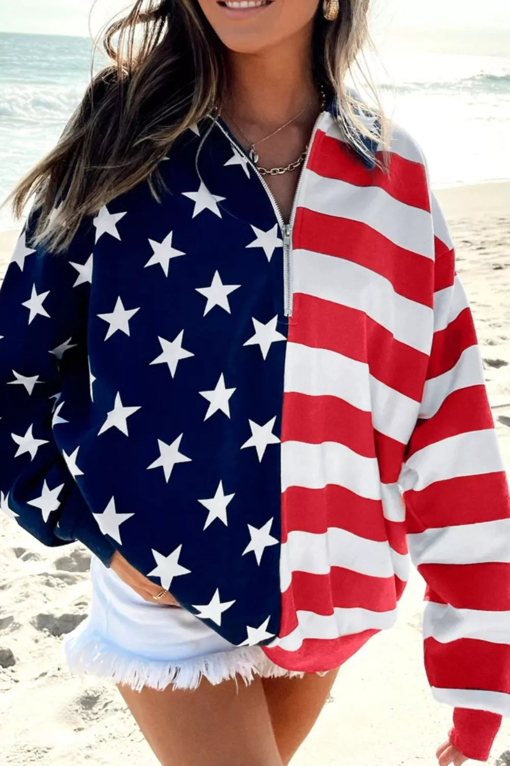 American flag print half zip sweatshirt, back view