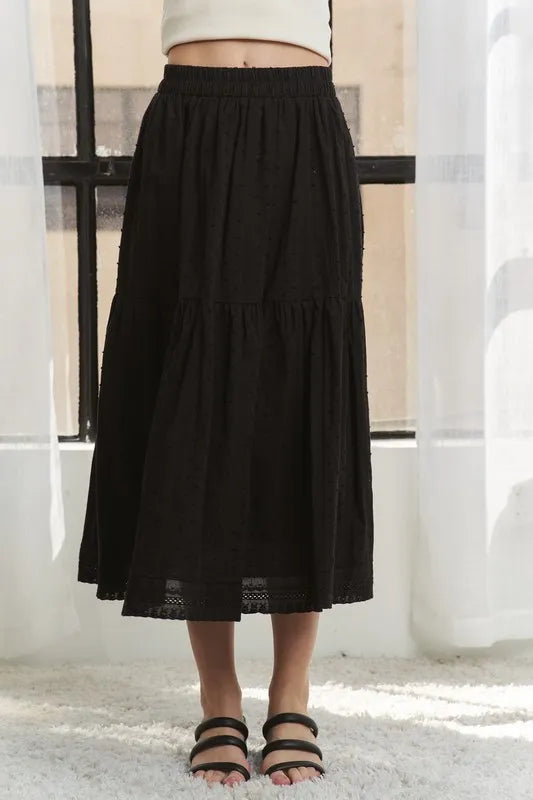 ADORA Elastic Waistband Tiered Midi Skirt - Fashorio