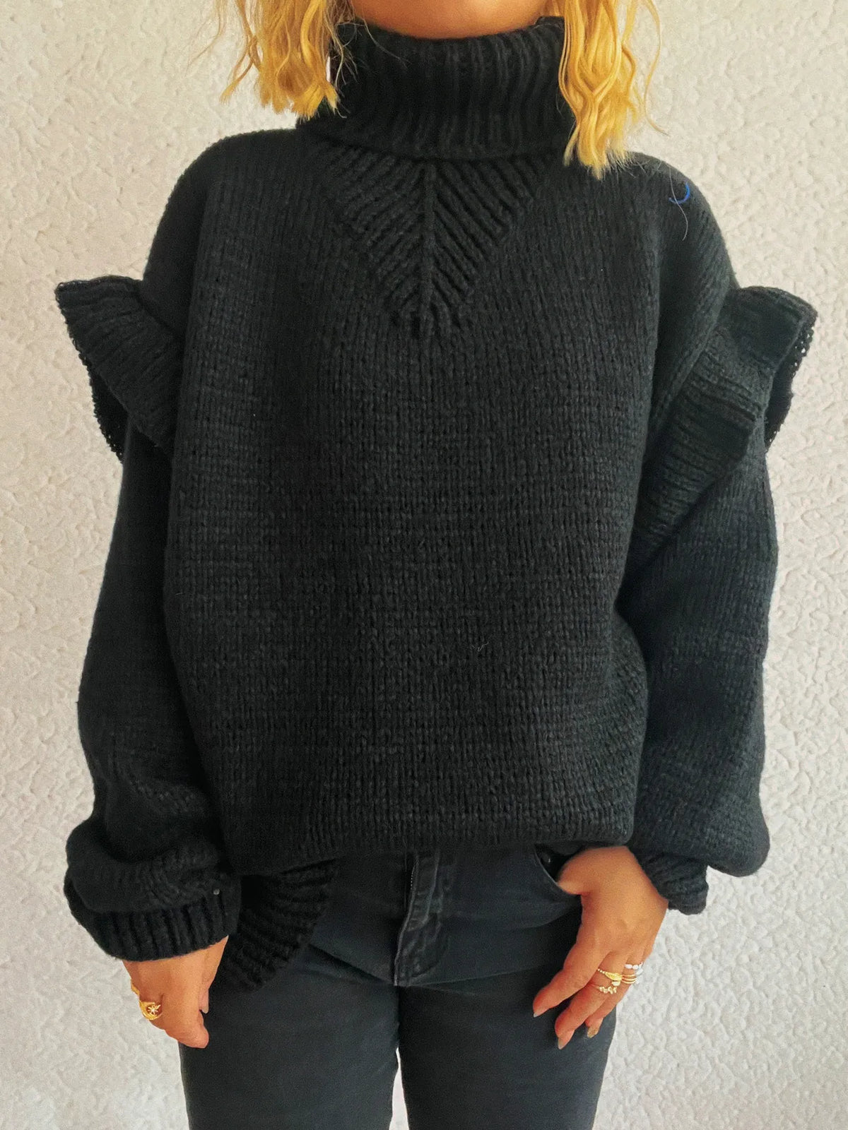 Ruffled turtleneck long sleeve sweater back view