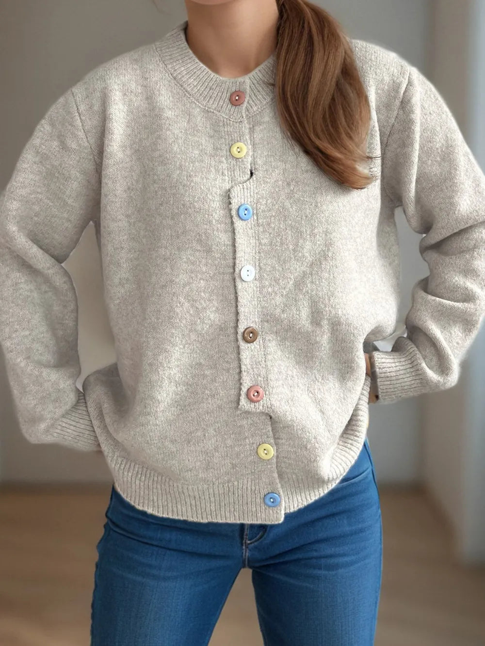 Button Down Long Sleeve Cardigan Beige One Size - Fashorio