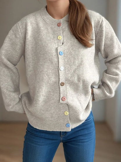 Button Down Long Sleeve Cardigan Beige One Size - Fashorio
