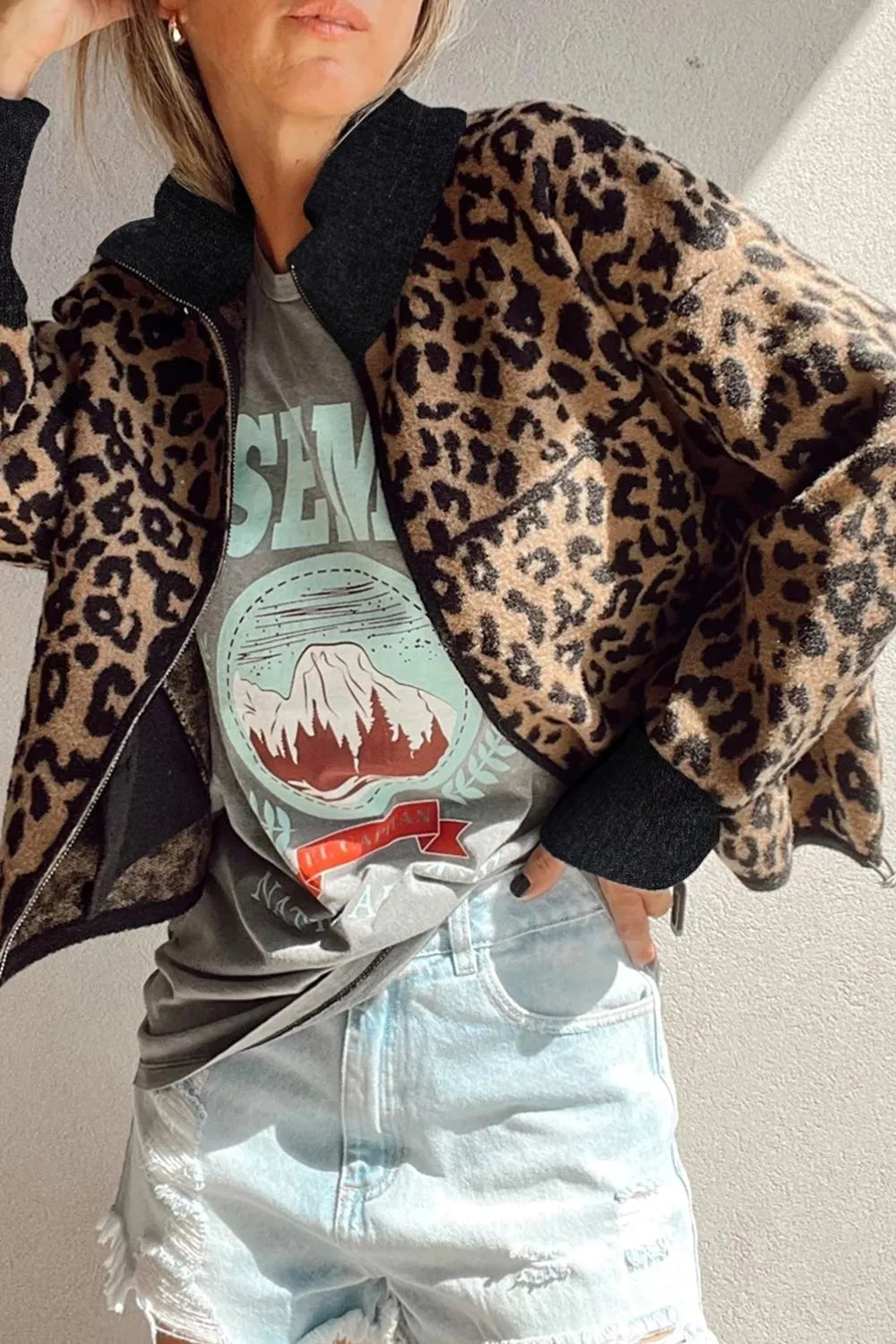 Leopard Print Zip Up Long Sleeve Jacket for Women - Fashorio