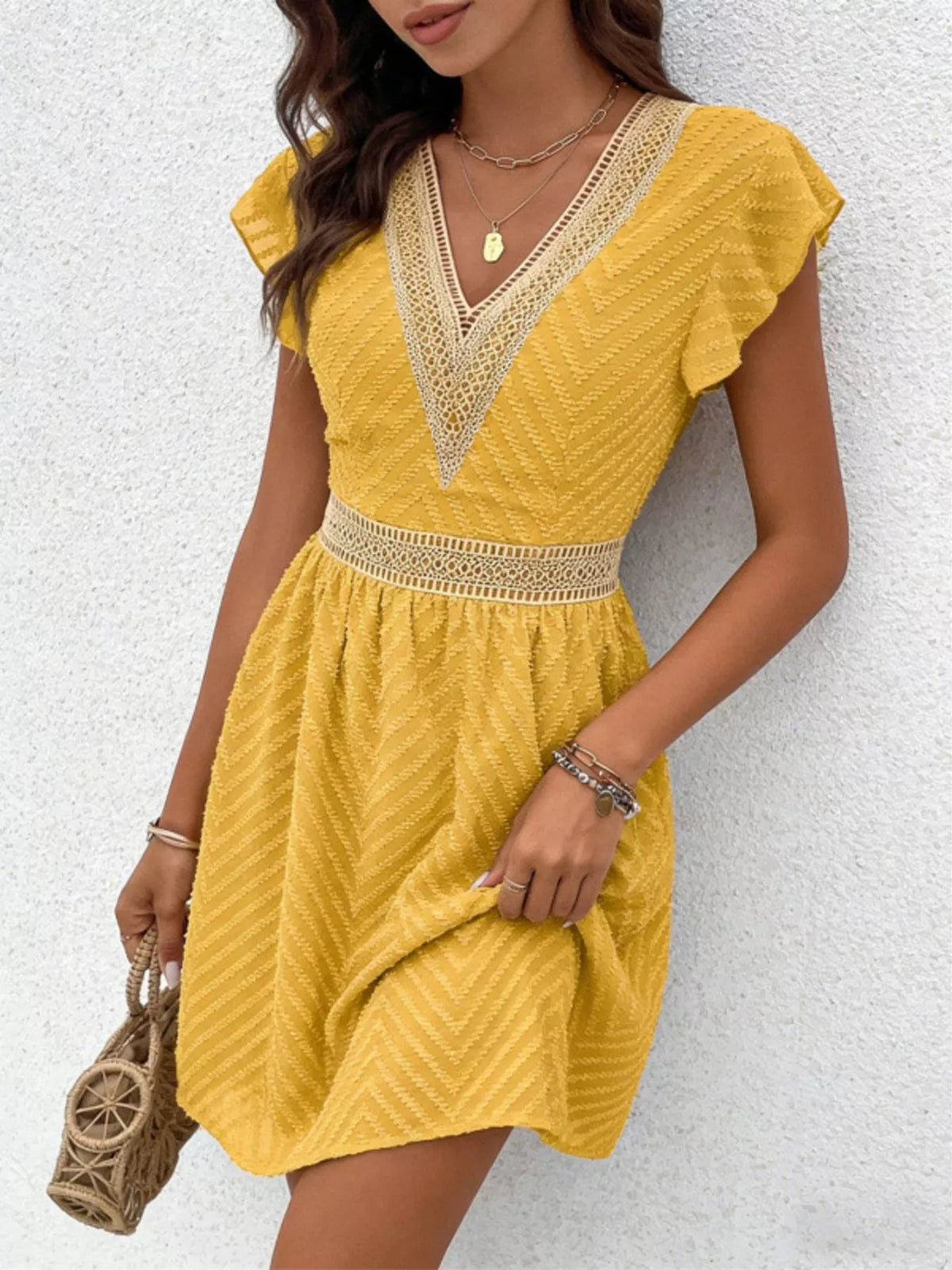 V neck ruffle sleeve mini dress, back view