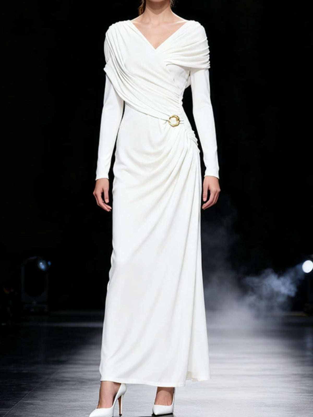 ruched draped long sleeve maxi dress front view