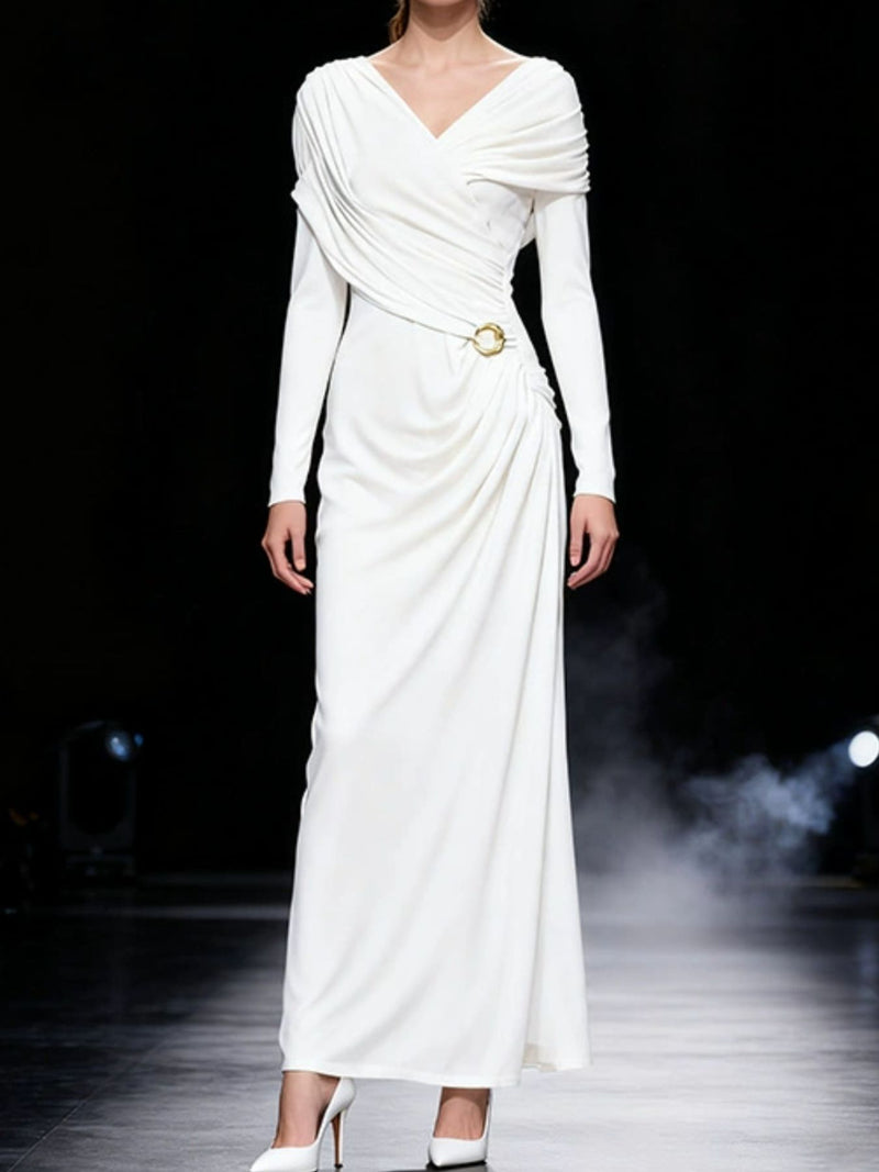 ruched draped long sleeve maxi dress front view