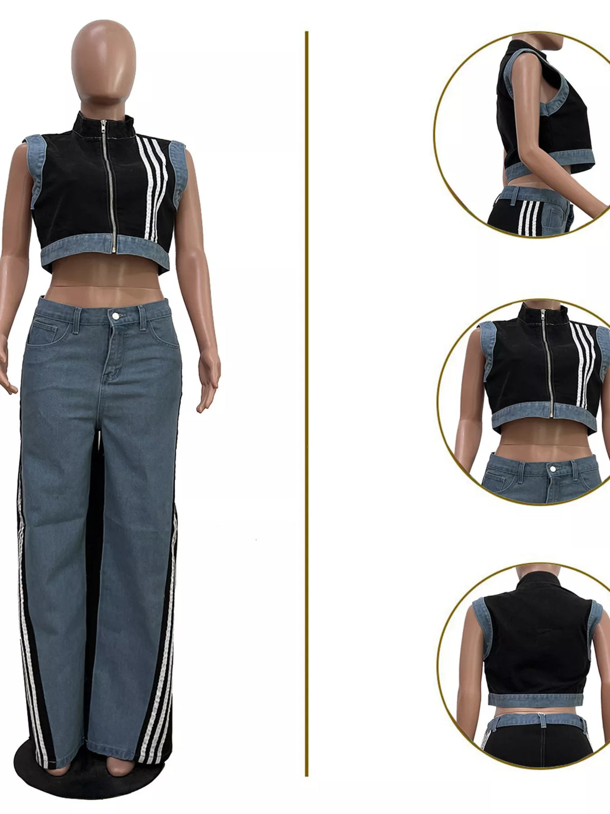 Zip Front Crop Top and Striped Pants Set, view 18
