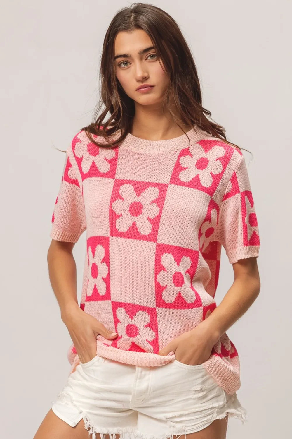 Floral Check Short Sleeve Cotton Blend Sweater