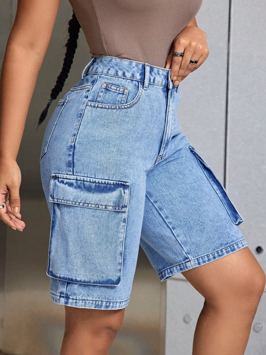 High-Waisted Cargo Denim Shorts 蓝色 - Fashorio