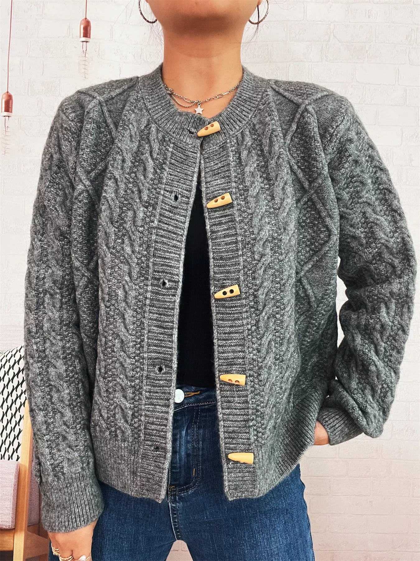 Cable Knit Button-Up Cardigan - Fashorio