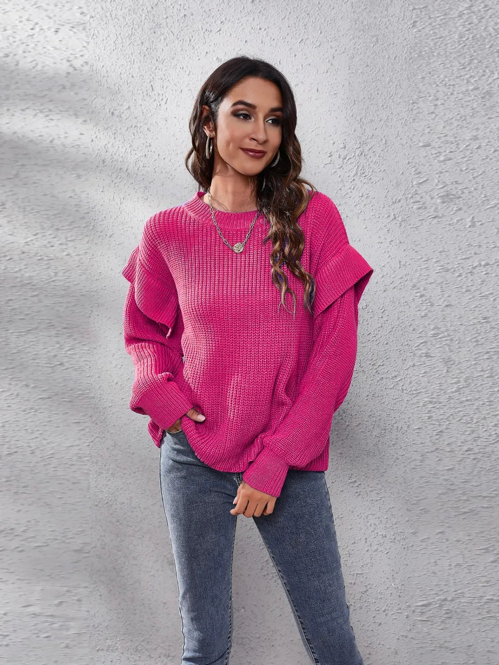 Ruffled Round Neck Dropped Shoulder Sweater Cerise - Fashorio
