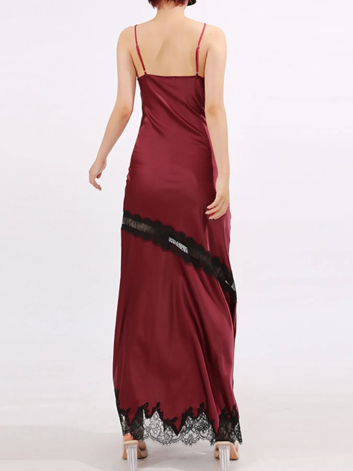 Burgundy slit lace detail maxi cami dress full length styling