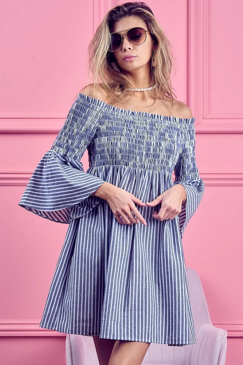 Smocked Off Shoulder Striped Dress detail