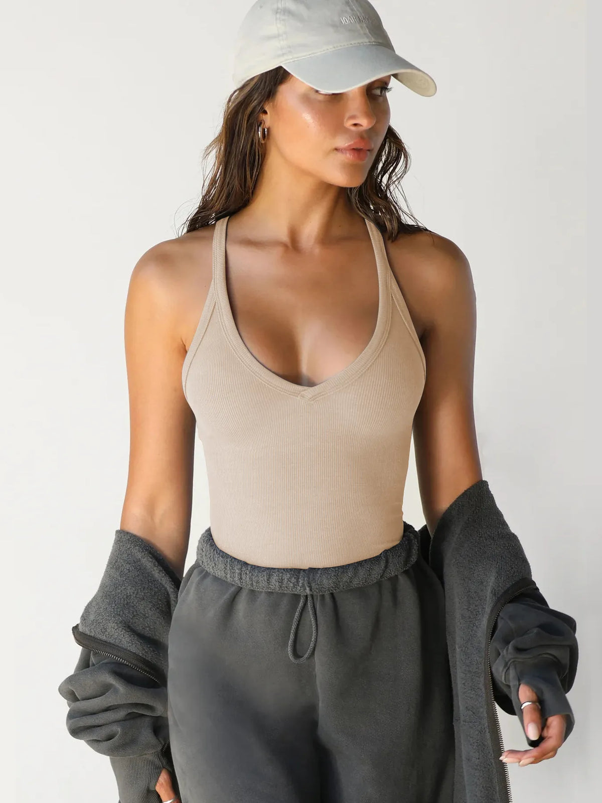 Ribbed V Neck Halter Tank Top, view 31