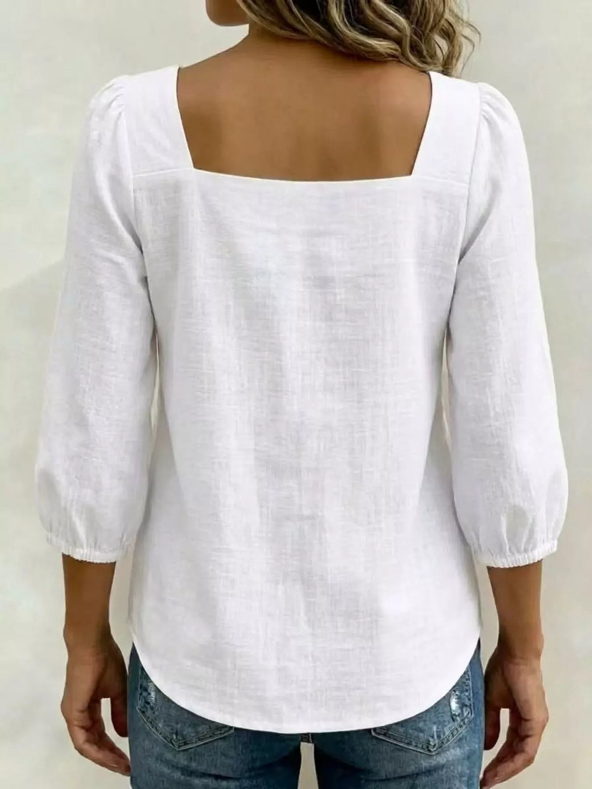 Bow front blouse close up of square neckline