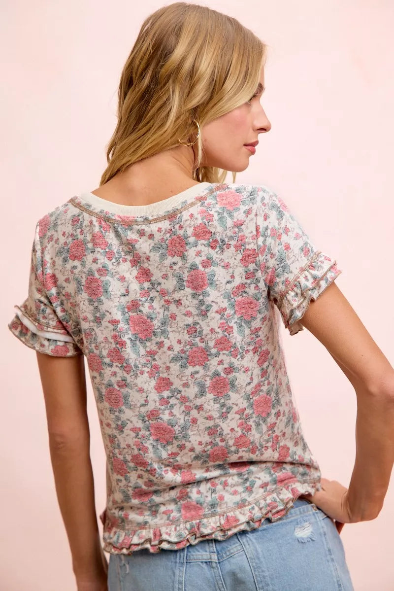 Rose floral print ruffle sleeve knit top side view