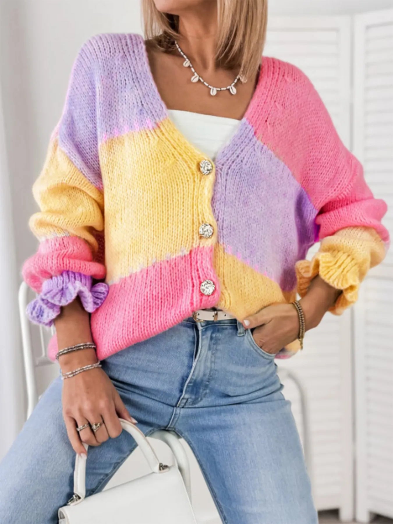 Color Block V-Neck Cardigan Multicolor - Fashorio