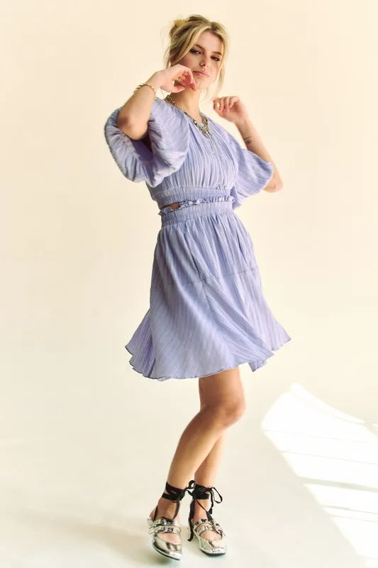 Back Button Puff Sleeve Mini Dress in Lavender view 7