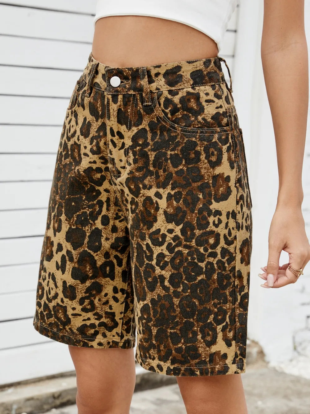 Animal print denim shorts side view