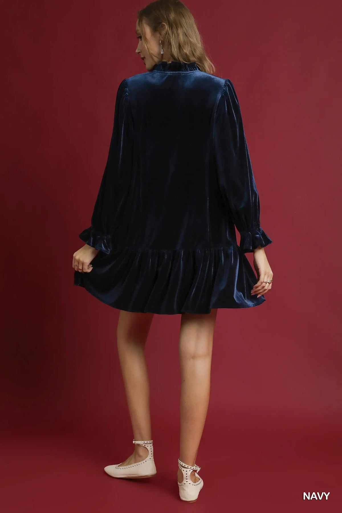 Velvet Ruffle Trim Mini Dress side view