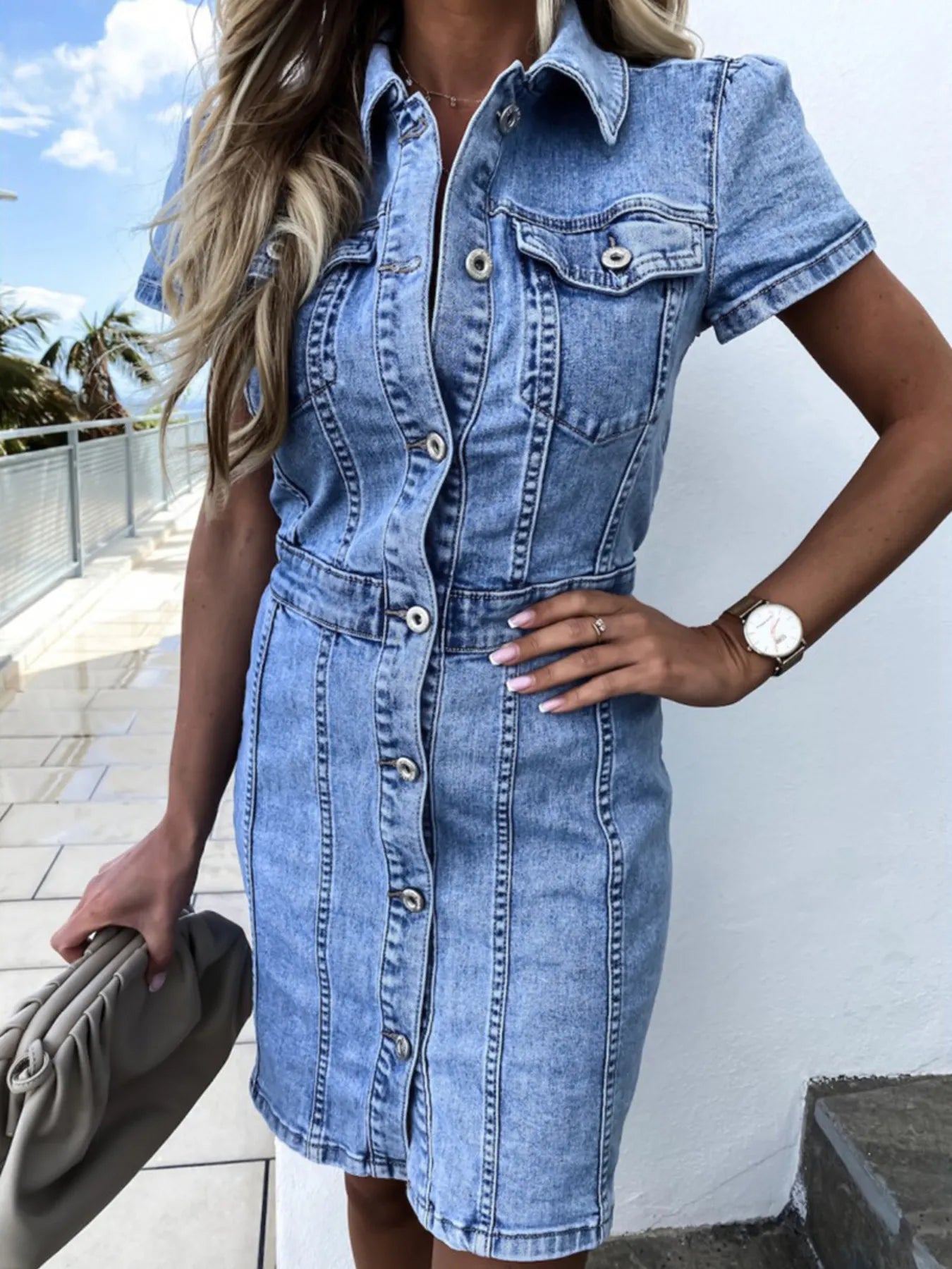 Button Front Short Sleeve Denim Dress Medium - Fashorio