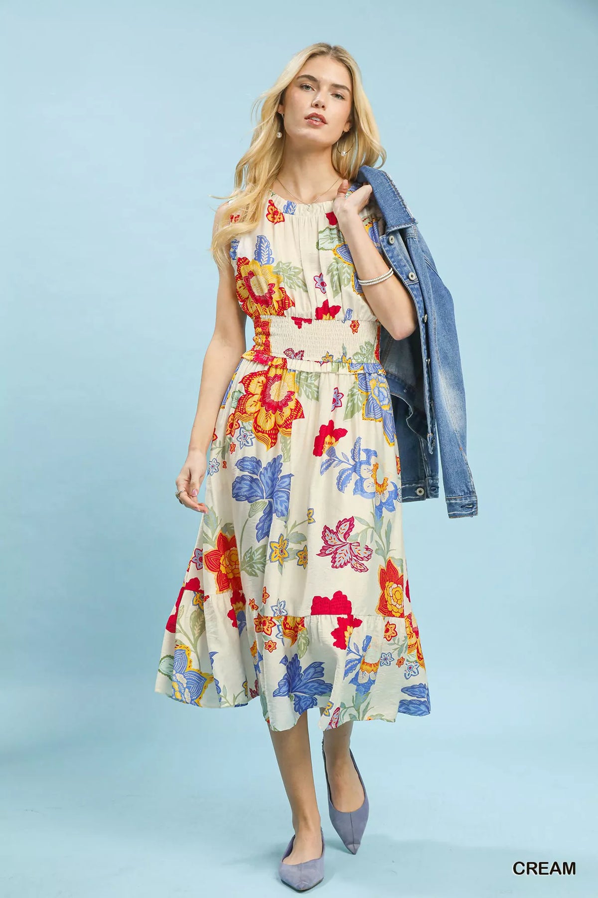 Cream floral tiered midi dress back view